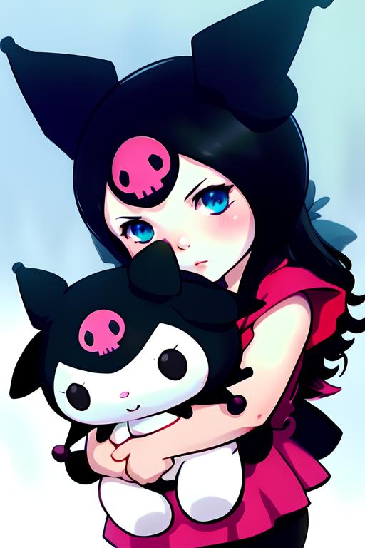 01296-3093647155-a girl holding a plush toy of kuromi, illustration by Greg rutkowski, yoji shinkawa, 4k, digital art, concept art, trending on a.png